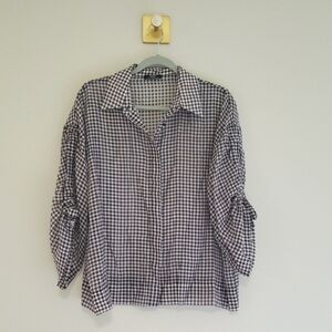 Parfois Collection Gingham Blouse Women Medium Button Up Semi-Sheer Navy Blue